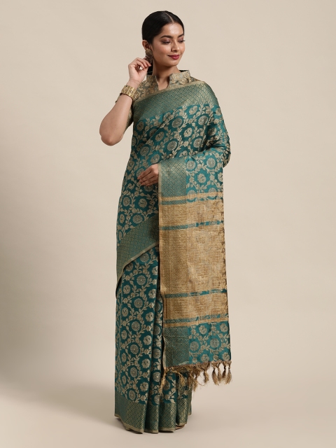 

Mitera Green & Golden Ethnic Motifs Woven Design Zari Banarasi Saree