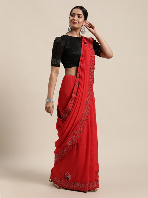

Mitera Red Solid Saree with Embellishments
