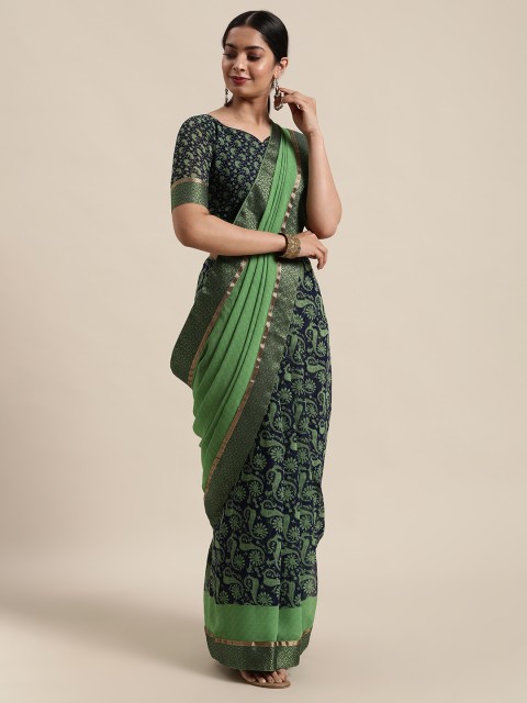 

Mitera Green & Navy Blue Ethnic Motifs Pure Chiffon Saree