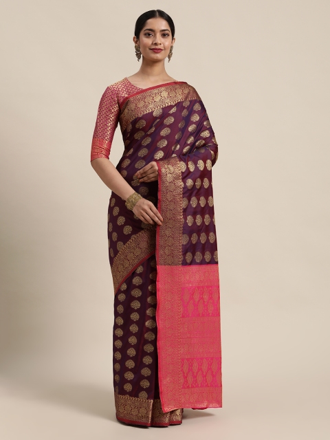

Mitera Purple & Golden Ethnic Motifs Woven Design Zari Kanjeevaram Saree