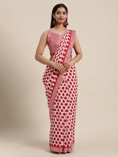 

Satrani Red & White Pure Georgette Printed Laced Saree With Unstitched Blouse