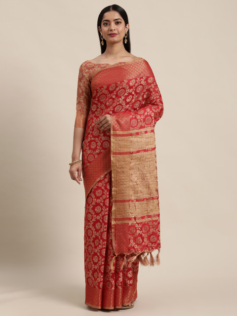 

Satrani Red & Gold-Toned Floral Zari Banarasi Saree