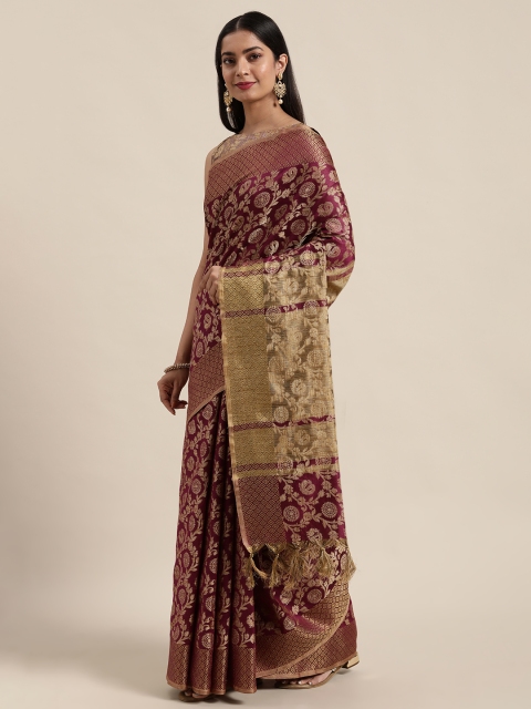 

Satrani Burgundy & Gold-Toned Floral Kanjeevaram Saree