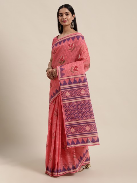 

Satrani Pink & Blue Floral Printed Cotton Saree With Unstitched Blouse