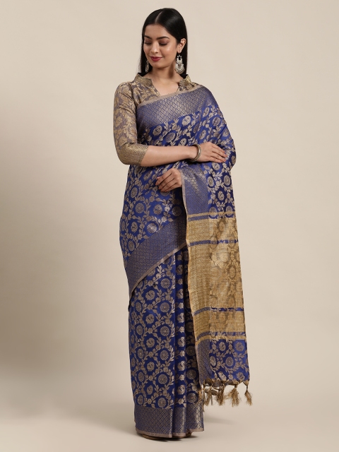 

Satrani Blue & Gold-Toned Floral Woven Design Banarasi Saree With Unstitched Blouse