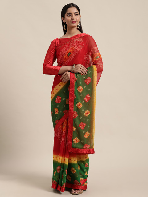 

Satrani Red & Green Bandhani Pure Georgette Bandhani Saree