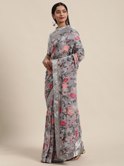 

Satrani Grey & Pink Floral Printed Pure Georgette Saree