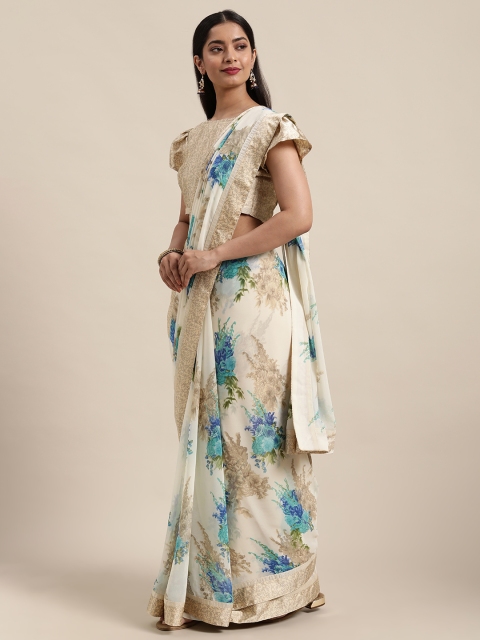 

Satrani Cream Coloured & Blue Floral Printed Pure Georgette Saree