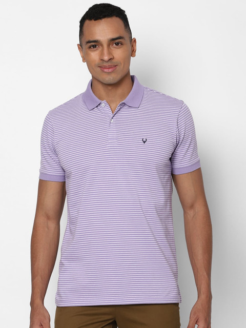 

Allen Solly Men Purple White Striped Polo Collar Pure Cotton T-shirt