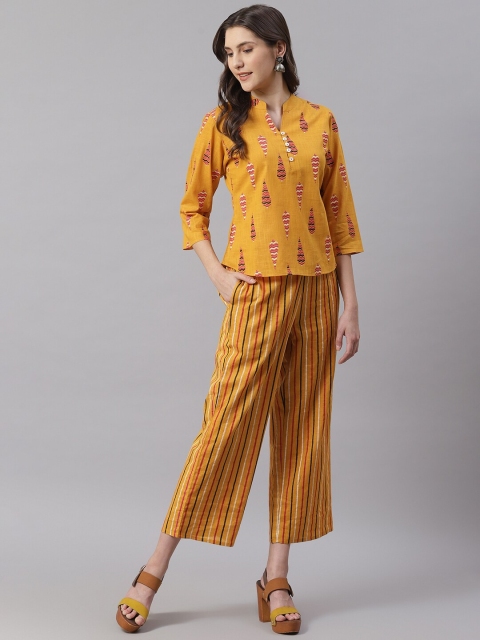 

Shakumbhari Women Mustard Yellow & Pink Printed Top with Palazzos