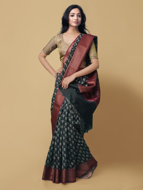 

Unnati Silks Green & Pink Silk Cotton Printed Handloom Maheshwari Saree