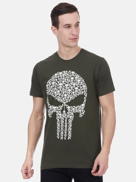 

Free Authority Men Olive Green Printed Punisher Round Neck Pure Cotton T-shirt