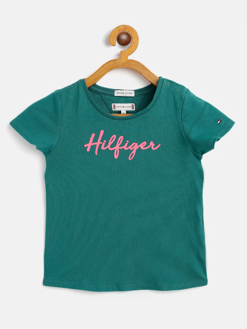 

Tommy Hilfiger Girls Teal Green Brand Logo Print Organic Cotton Round Neck T-shirt