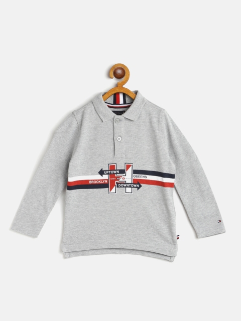 

Tommy Hilfiger Boys Grey Melange & Red Cotton Typography Print Polo Collar T-shirt