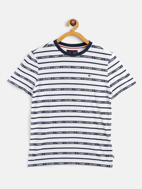 

Tommy Hilfiger Boys White & Navy Blue Cotton Striped T-shirt