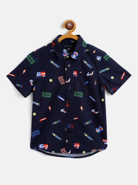 

Tommy Hilfiger Boys Navy Blue & Green Cotton Regular Fit Printed Casual Shirt
