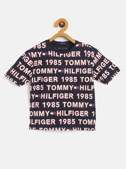 

Tommy Hilfiger Boys Navy Blue & Off White Brand Logo Print Cotton T-shirt