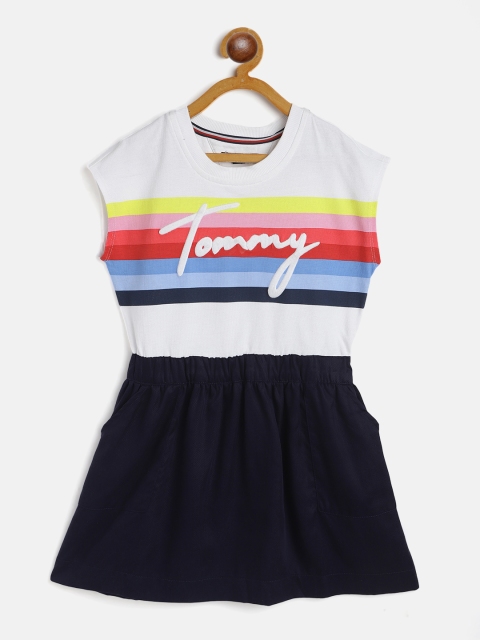 

Tommy Hilfiger Girls White & Navy Colourblocked & Striped Pure Cotton Fit and Flare Dress