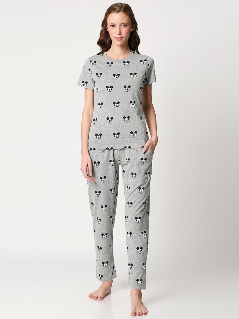 

Bewakoof Women Grey & White Mickey Printed Cotton Night Suit