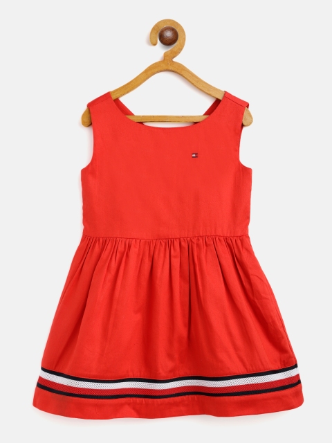 

Tommy Hilfiger Girls Red Solid Cotton Fit & Flare Dress with Striped Detail