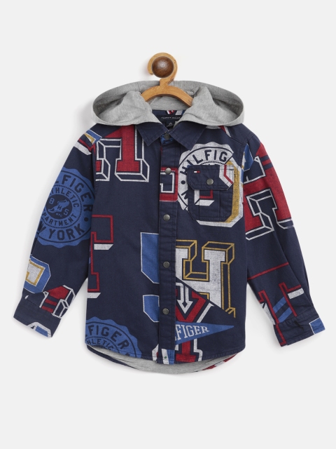 

Tommy Hilfiger Boys Navy Blue & Maroon Cotton Printed Casual Shirt
