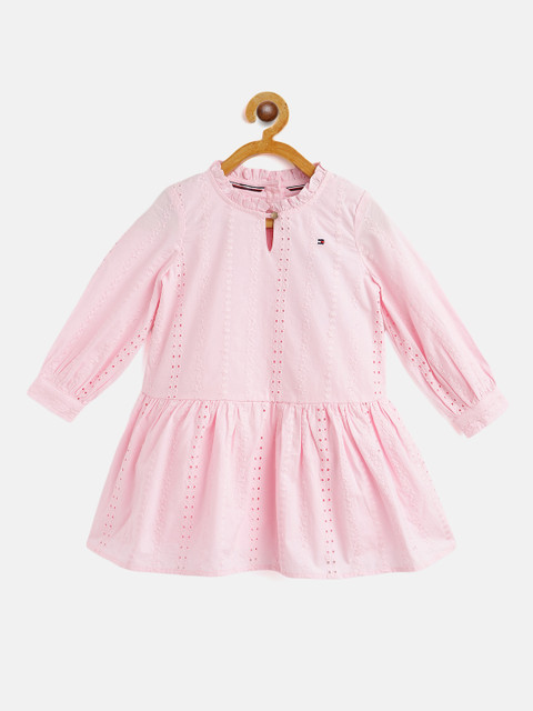 

Tommy Hilfiger Girls Pink Schiffli Embroidered Pure Cotton Keyhole Neck Drop-Waist Dress