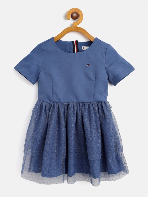 

Tommy Hilfiger Girls Blue Layered Dobby Net Fit & Flare Dress with Briefs