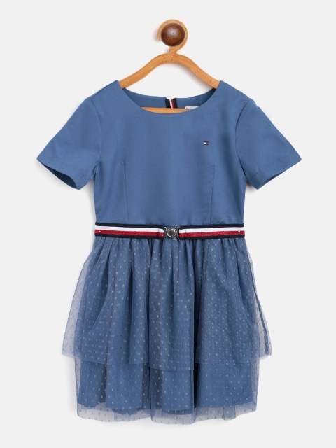 

Tommy Hilfiger Girls Blue Net Self Design Layered Fit & Flare Dress with Belt