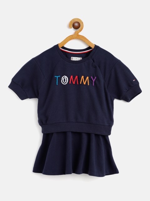 

Tommy Hilfiger Girls Navy Blue Brand Logo Embroidered Cotton Layered Fit & Flare Dress