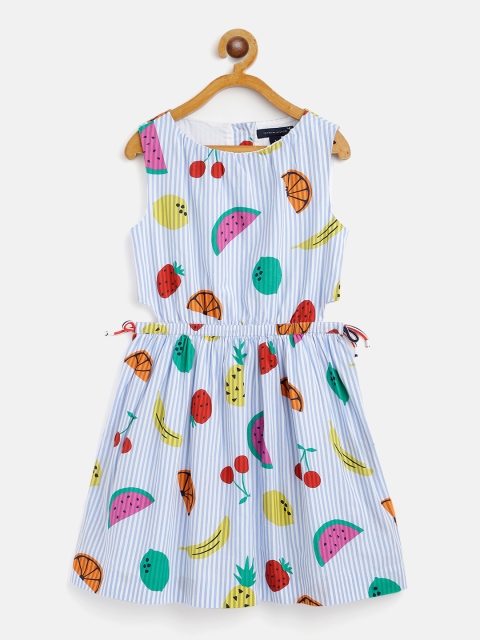 

Tommy Hilfiger Girls White & Blue Striped & Conversational Print Cotton Fit & Flare Dress
