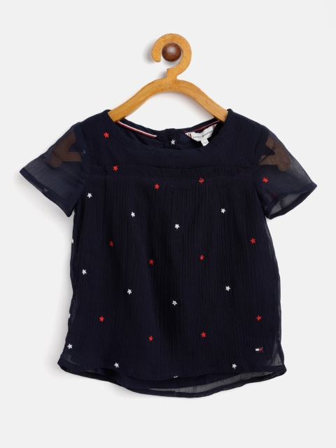 

Tommy Hilfiger Girls Navy Blue & Red Star Embroidered Seersucker Regular Top