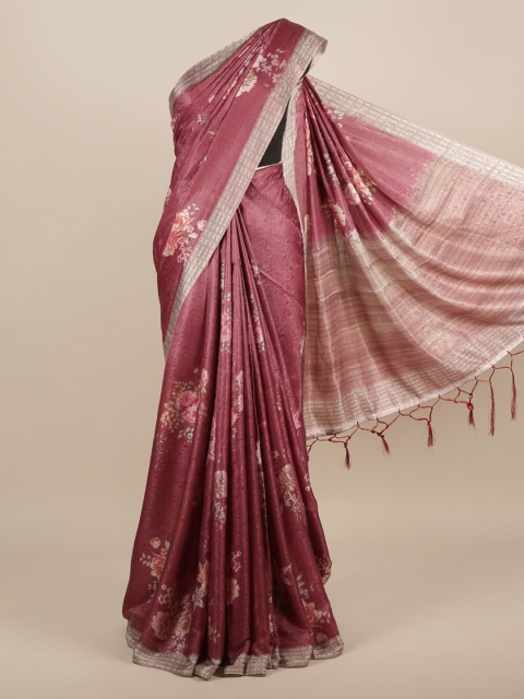 

Pothys Pink Floral Printed Jute Silk Saree With Tasseled Pallu