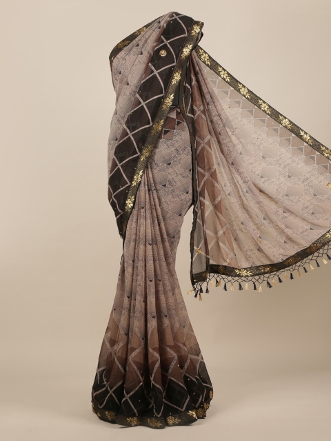 

Pothys Grey Printed Poly Chiffon Saree With Tasseled Pallu