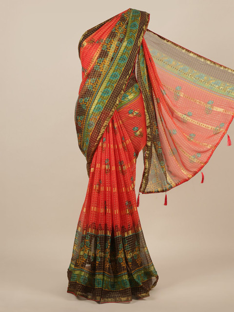 

Pothys Red & Green Poly Chiffon Floral Printed Saree