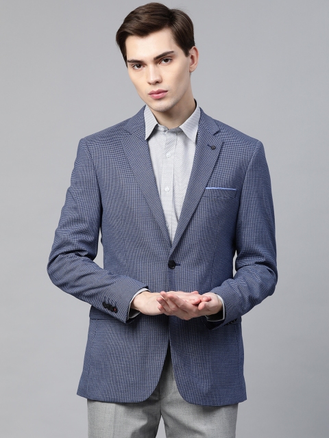 

Raymond Men Navy Blue & White Contemporary Fit Micro Checked Single Breasted Blazer