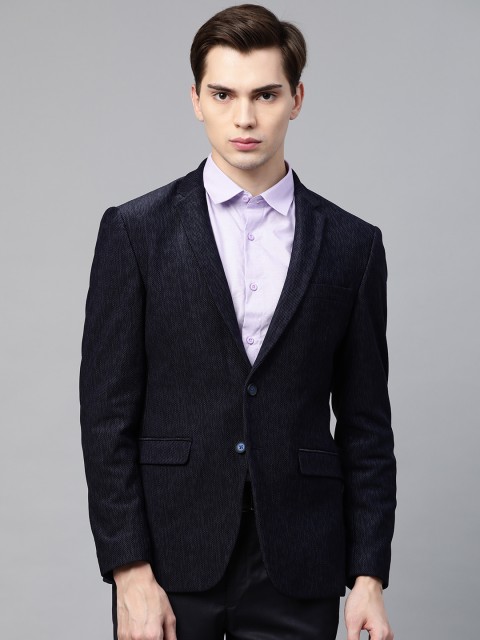 

Park Avenue Men Navy Blue Self Design Active Fit Single Breasted Formal Blazer