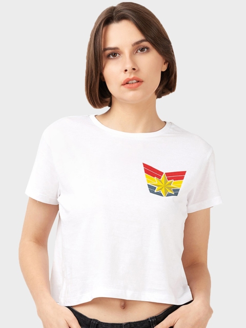 

Free Authority Women White Captain Marvel Round Neck Cotton Crop T-shirt