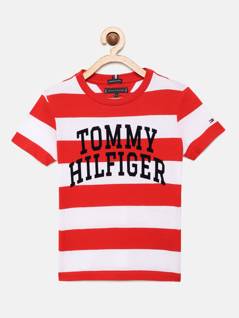

Tommy Hilfiger Boys Red White Striped Pure Cotton Sustainable Pure Cotton T-shirt