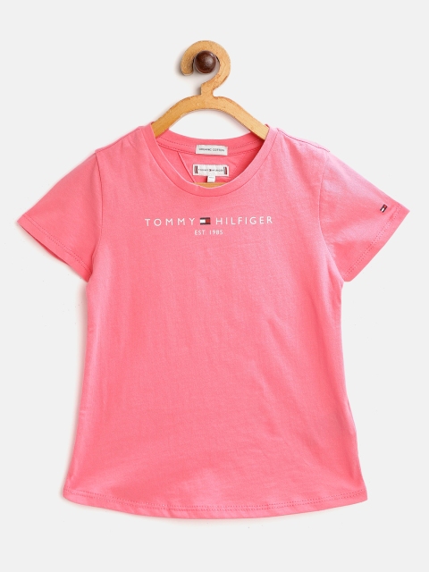 

Tommy Hilfiger Girls Pink & White Brand Logo Print Pure Cotton T-shirt