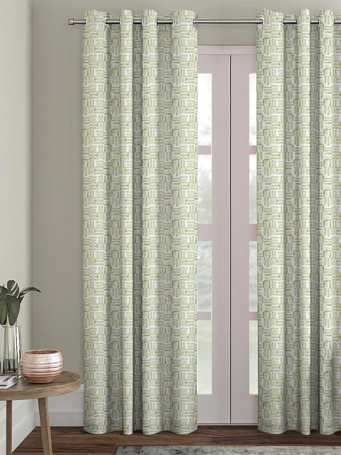 

HOUZZCODE Green & Cream-Coloured Single Black Out Long Door Curtain