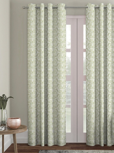 

HOUZZCODE White & Green Single Floral Black Out Door Curtain