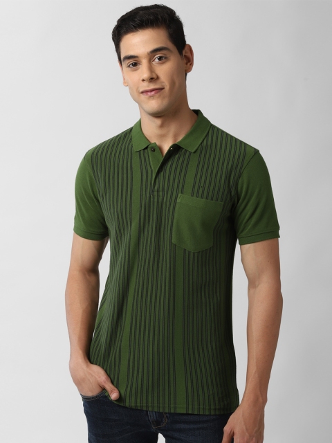 

Peter England Casuals Men Olive Green Striped Polo Collar T-shirt
