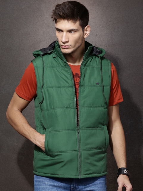 

Roadster Green Sleeveless Quilted Jacket with Detachable Hood