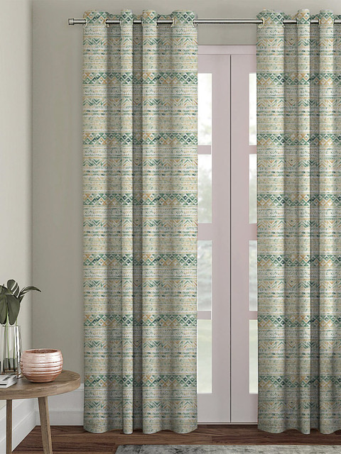

HOUZZCODE Cream-Coloured & Green Single Black Out Door Curtain