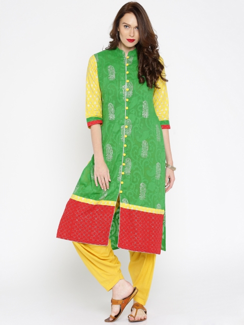 

Anouk Women Green & Yellow Woven Design Straight Kurta