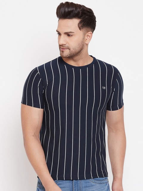 

Okane Men Navy Blue Striped Round Neck T-shirt