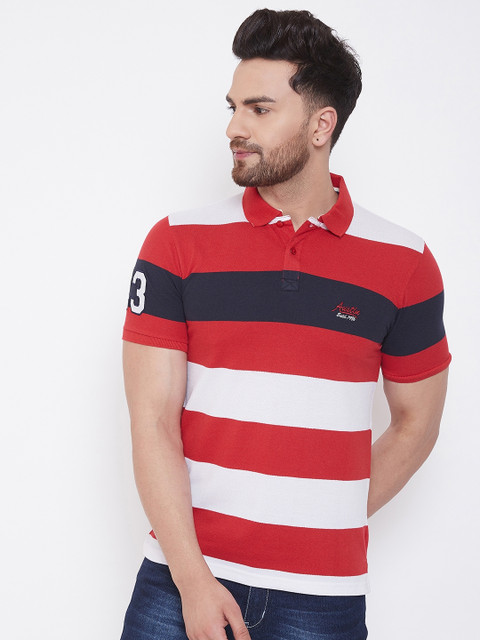 

Austin wood Men Red Striped Cotton Polo Collar T-shirt