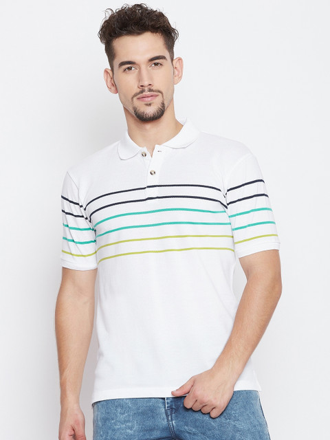

Austin wood Men White Striped Cotton Polo Collar T-shirt