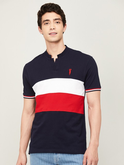 

Bossini Men Navy Blue Colourblocked Mandarin Collar Cotton T-shirt