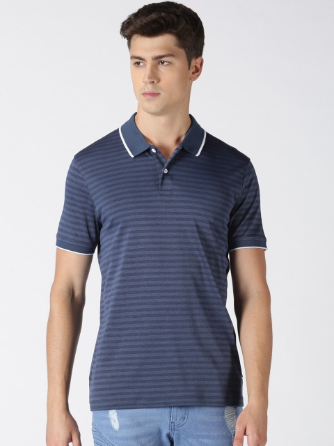 

Blue Saint Men Blue Striped Polo Collar Pure Cotton T-shirt